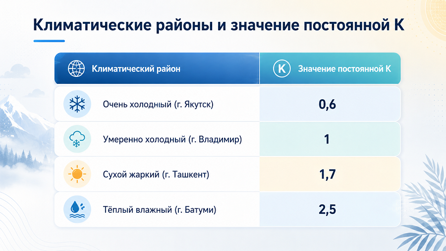 Значение постоянной К, характеризующей влияние климатического района на скорость эрозии пенопластов при атмосферном старении